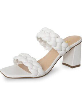 Women's Braided Heeled Sandals Summer White Square Open Toe Chunky Block Heels